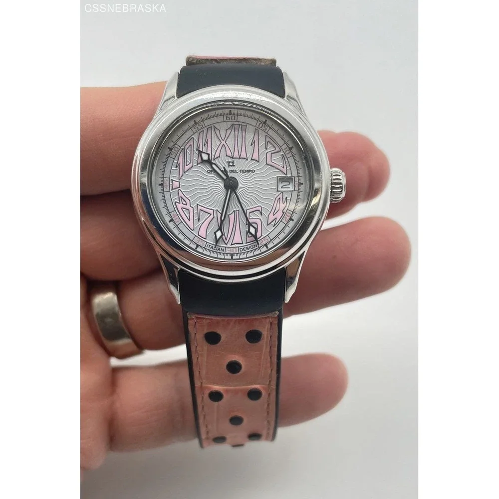 Genuine Officina Del Tempo Pink Women's Watch Leather Black Rubber Band Date